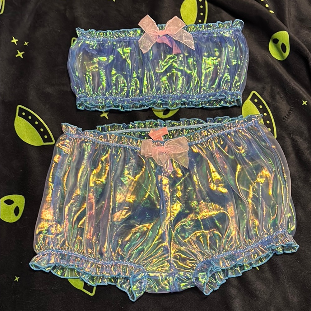Iridescent Blue Bubble Shorts and tube top
